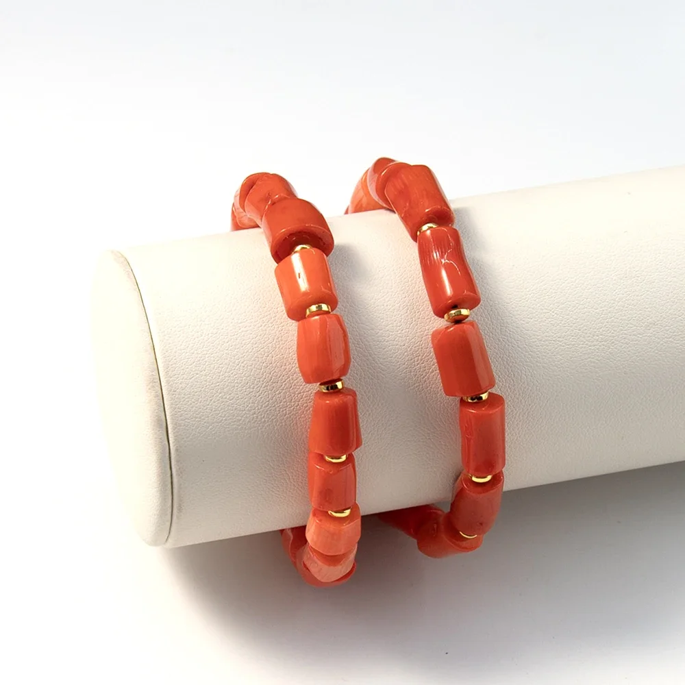 19 سنتيمتر البرتقال المرجان سوار غير النظامية 7x9-13 مللي متر أسطواني المرجان الخرز مع كوبر خزر عازل الكمال مجوهرات هدية ارتداء اليومي