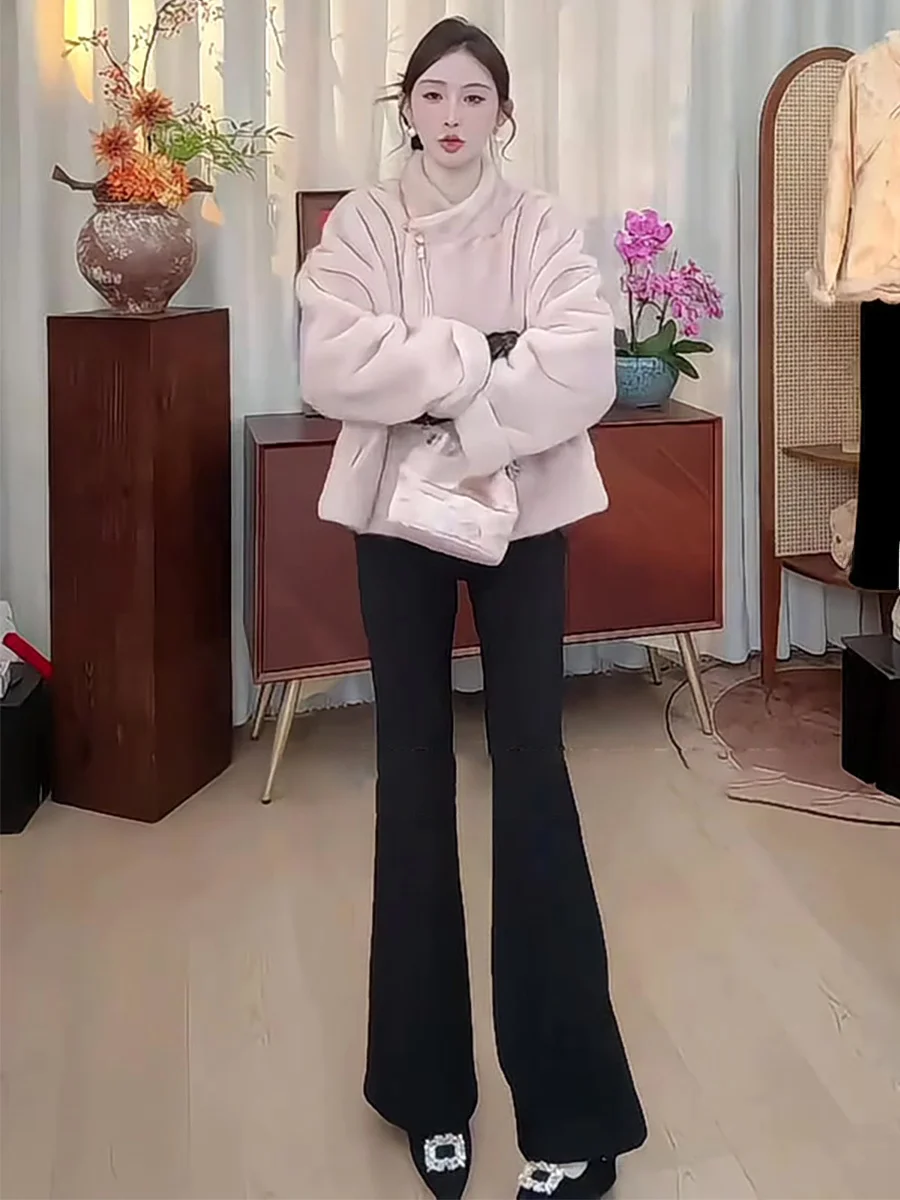 

Pink Woolen Coat Women's Long Sve Stand Collar Thiened Warm Plu Spring New Chinese Sle Faionable Slimming Outerwear