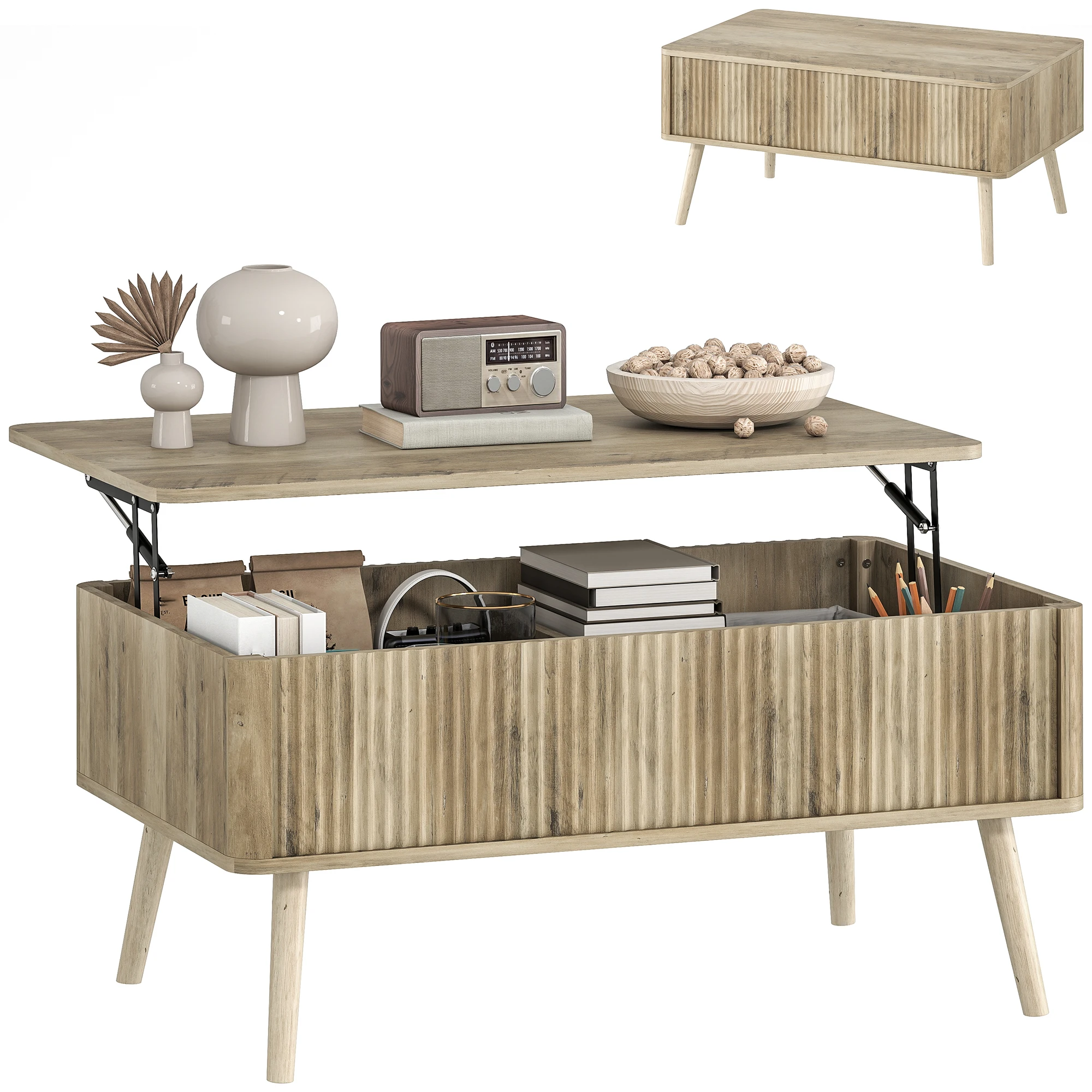 Mesa de Centro Elevable con Compartimentos Ocultos de Almacenaje y Patas de Pino para Salón Comedor 91x56x43 cm Roble