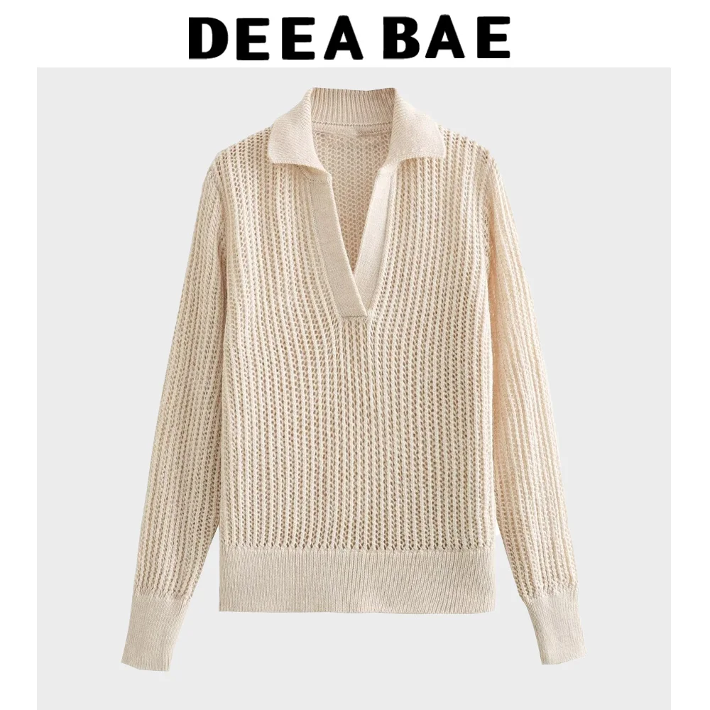 DEEABAE เสื้อผ้าผู้หญิง Design Sense ขนาดเล็ก V คอ Hollow ตกแต่งเย็บแขนยาวถักหลวม Slim เสื้อกันหนาว