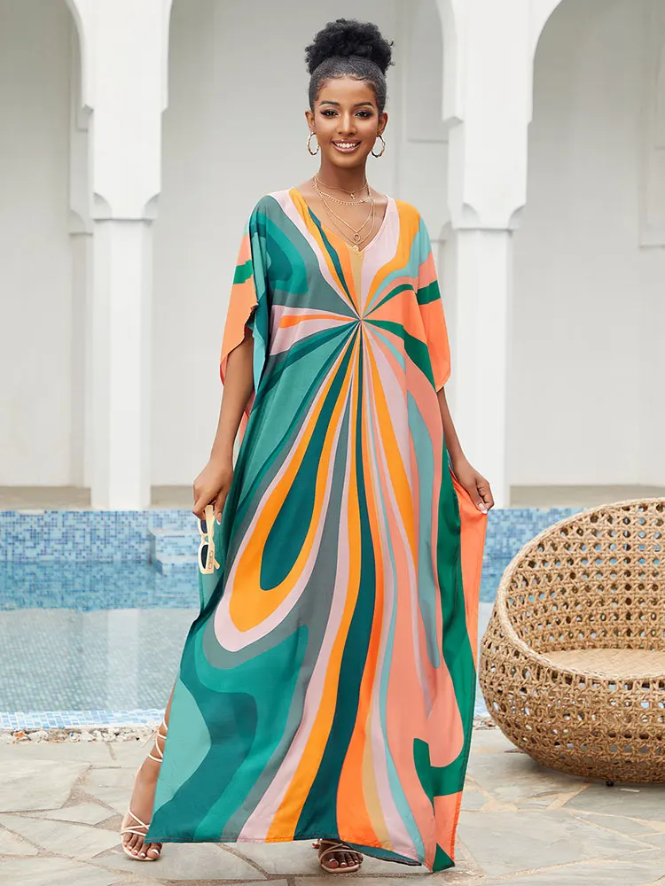 Multicolor Printed Fashionable V-neck Batwing Sleeve Kaftan Dress 2024 Woman Summer Lounge Around Oversized Maxi Dresses Q1546