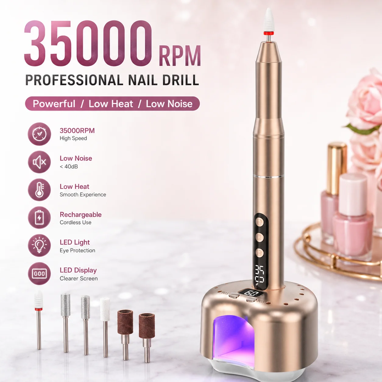 35000RPM Electric Nail Drill Machine Beauty 5-Speed Adjustable Nail Grinder Kit with LED Display for Manicure