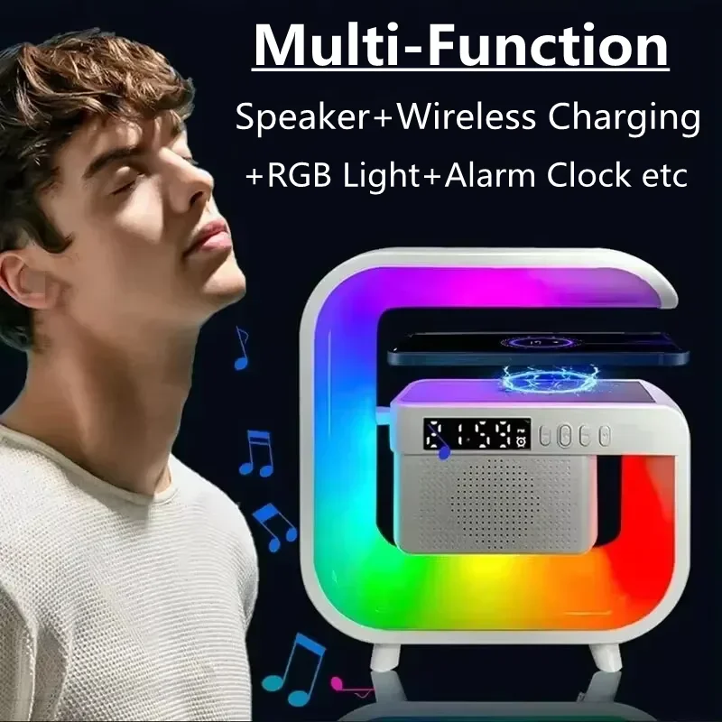 Wireless Charger Pad Stand TF RGB Night Light Bluetooth Speaker 15W Phone Fast Charging Station for iPhone Samsung Xiaomi Huawei