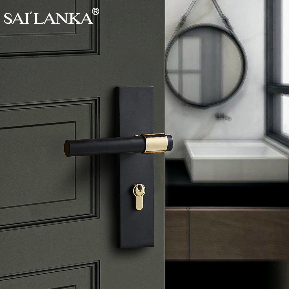 SAILANKA Brass Door Lever Ultra-thin Mute Black Gold Interior Bedroom Bathroom Wood Door Lock Set Long Plate Sturdy Handle