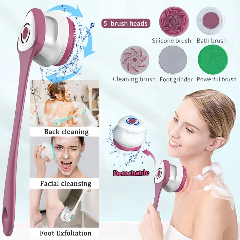 Electric Body Shower Brush Back Scrubber Rechargeable Exfoliating w/5 Multifunction Cleaning Bath Brush Heads Removable Handle