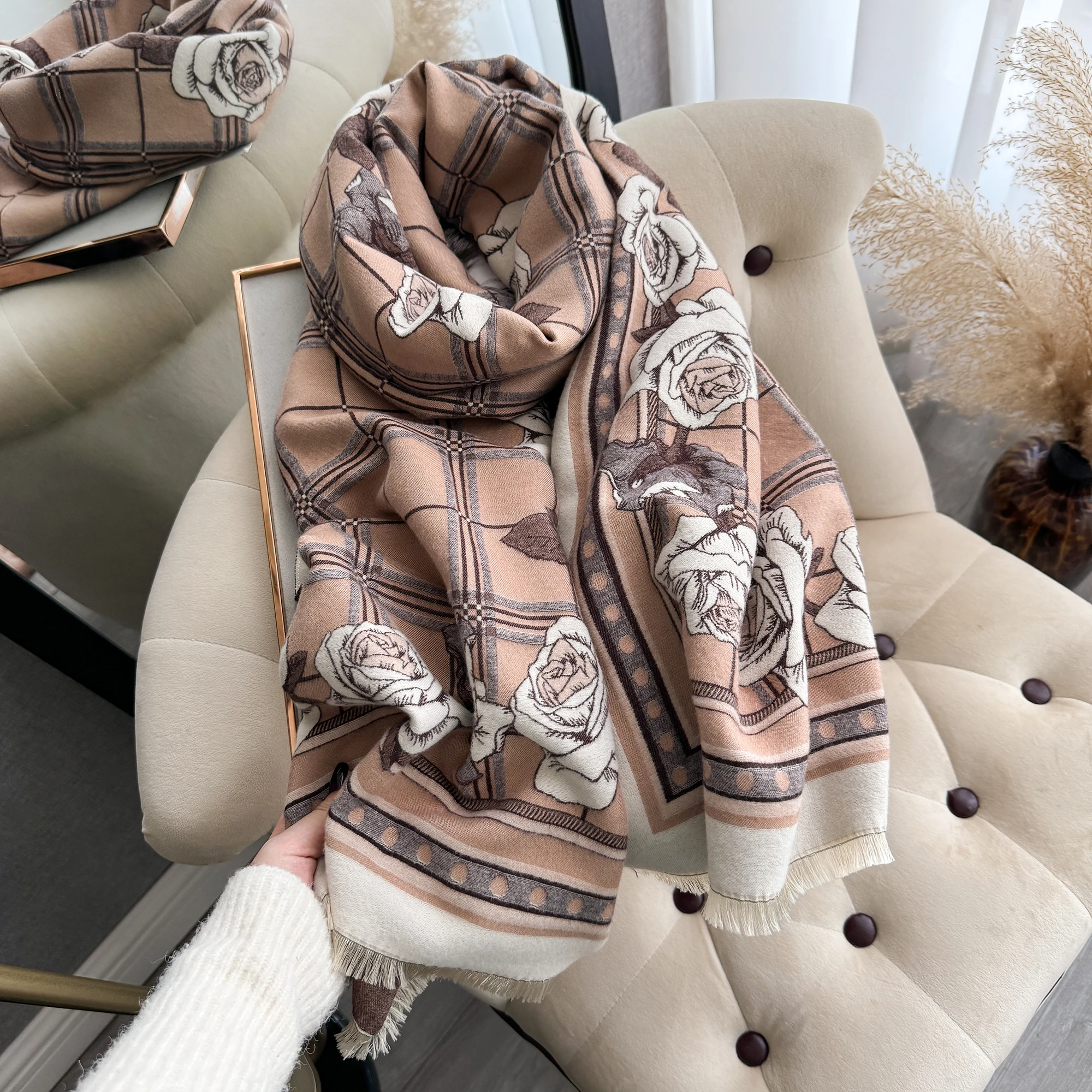 New Luxury Rose Winter Two-Sided Cashmere Jacquard Scarves High Quality Women Thicken Wrap Shawl Ladies Wool Pashmina Scarf