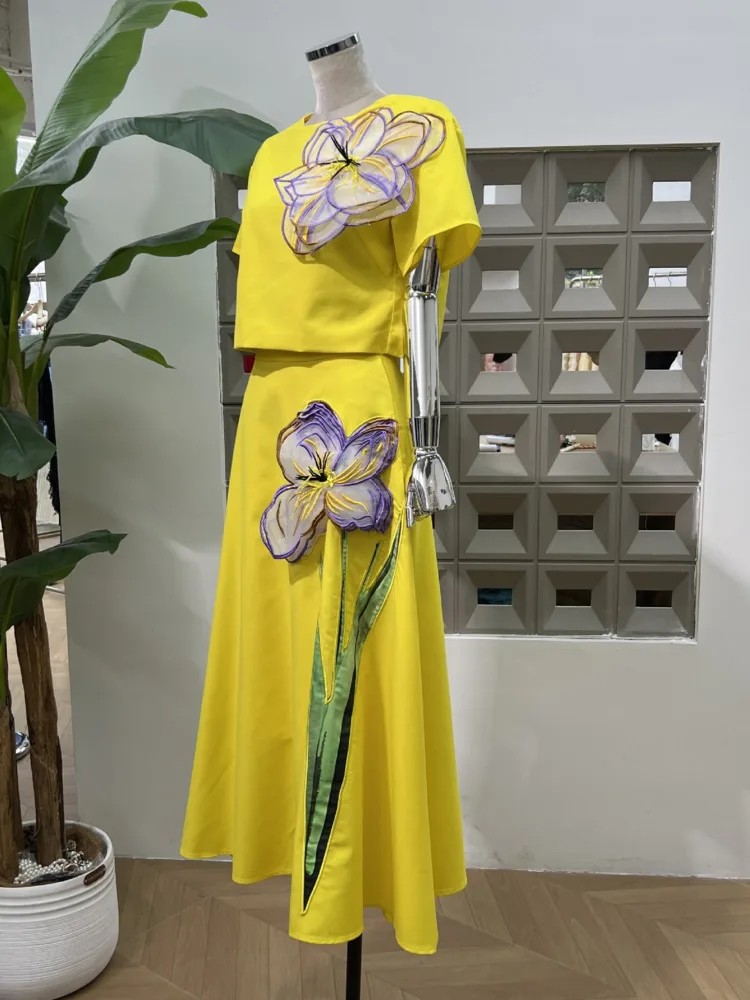 DFDG 2025 Spring Back Design Short Sleeve Top & High Waist Skirt Set 3D Embroidery Two Piece Outfit Y2K Casual Streetwear Set