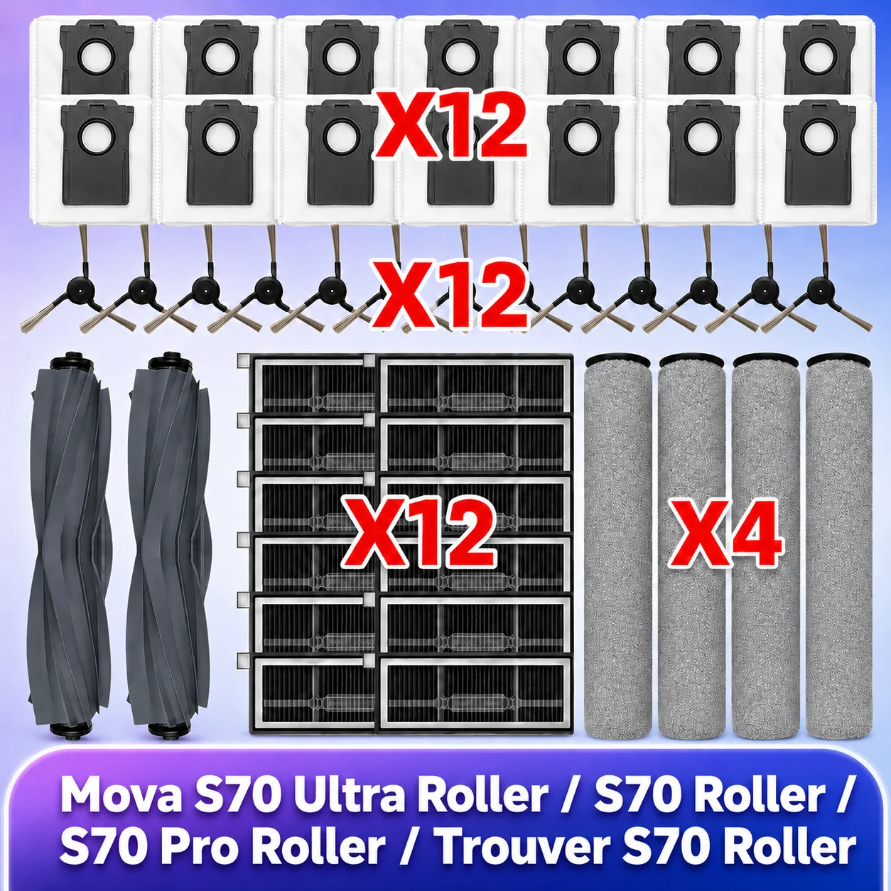 Compatible con (MOVA S70 Roller / S70 Ultra Roller / S70 Pro Roller, Trouver S70 Roller) cepillo principal Tricut cepillo lateral filtro rodillo mopa bolsa de polvo accesorios