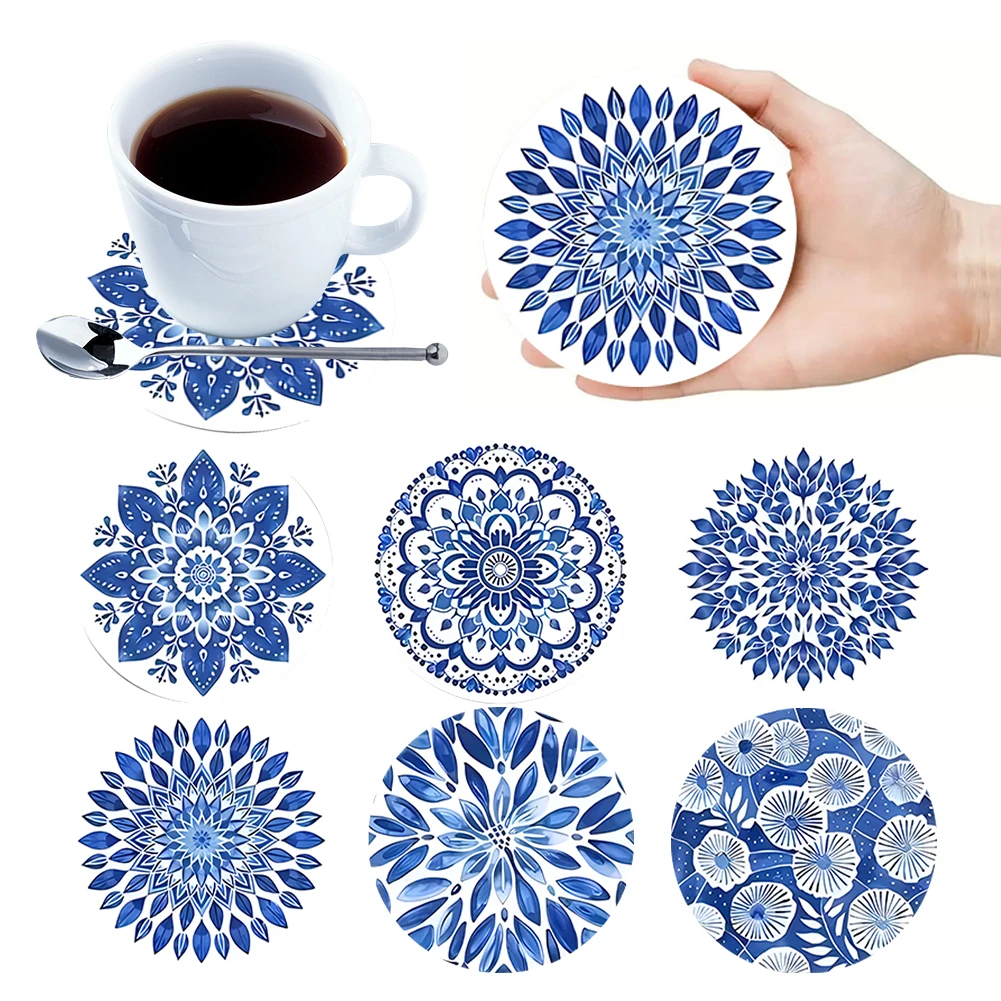 6Pcs Wooden Blue And White Porcelain Mandala Cup Coasters Set Non Slip Round Coasters Drink Coasters for kitchen Accessories