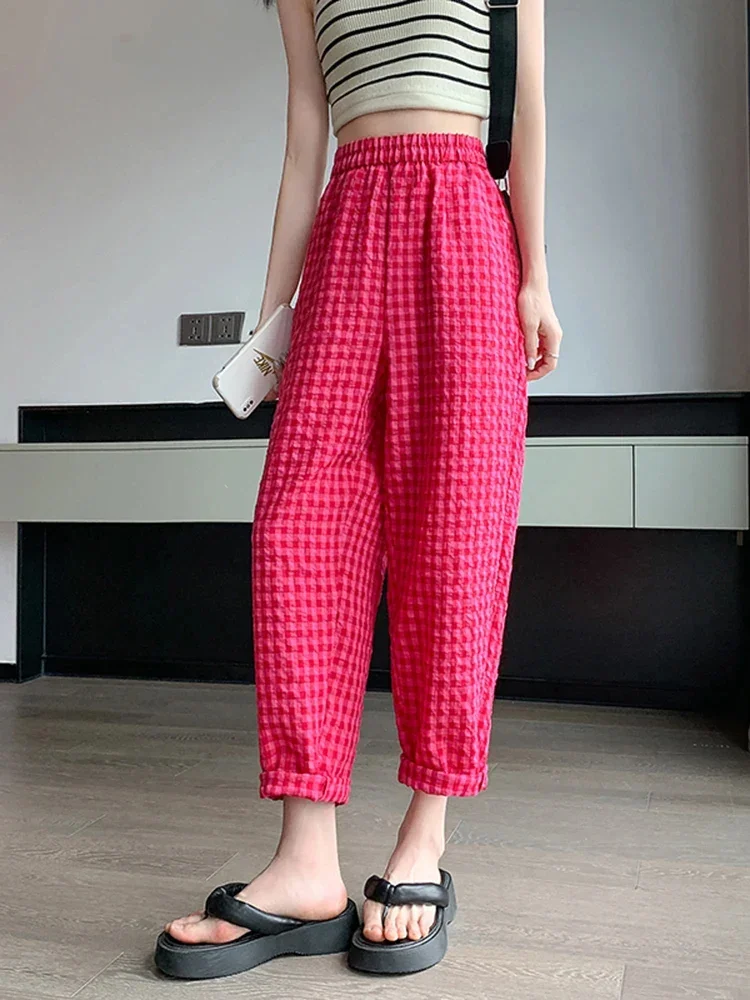 Korean Version Fashionable Minimalist Street Hip-hop Women Wide Leg Plaid Pants Summer Casual Cotton Linen Loose Harlan Pants