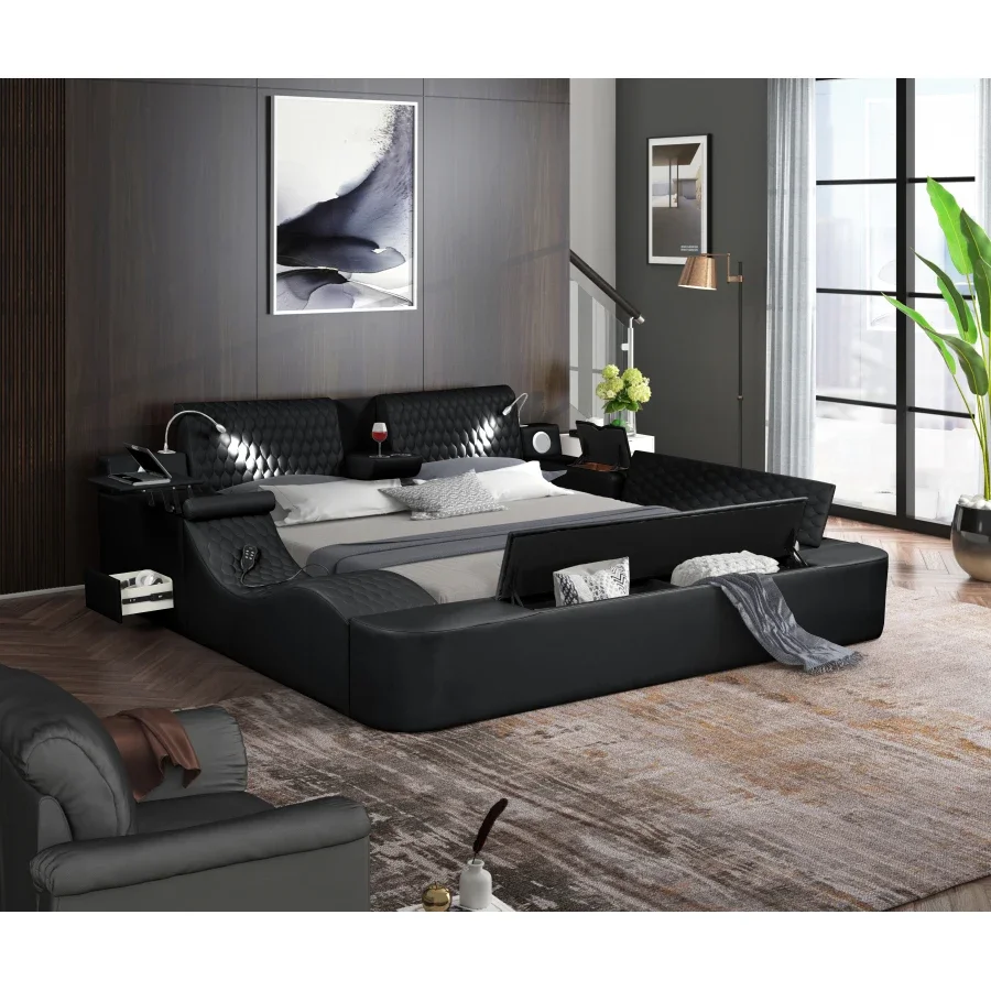 Multifunctional bed King Size Bed Wood Black  ultra-urban design Smart  with storage box