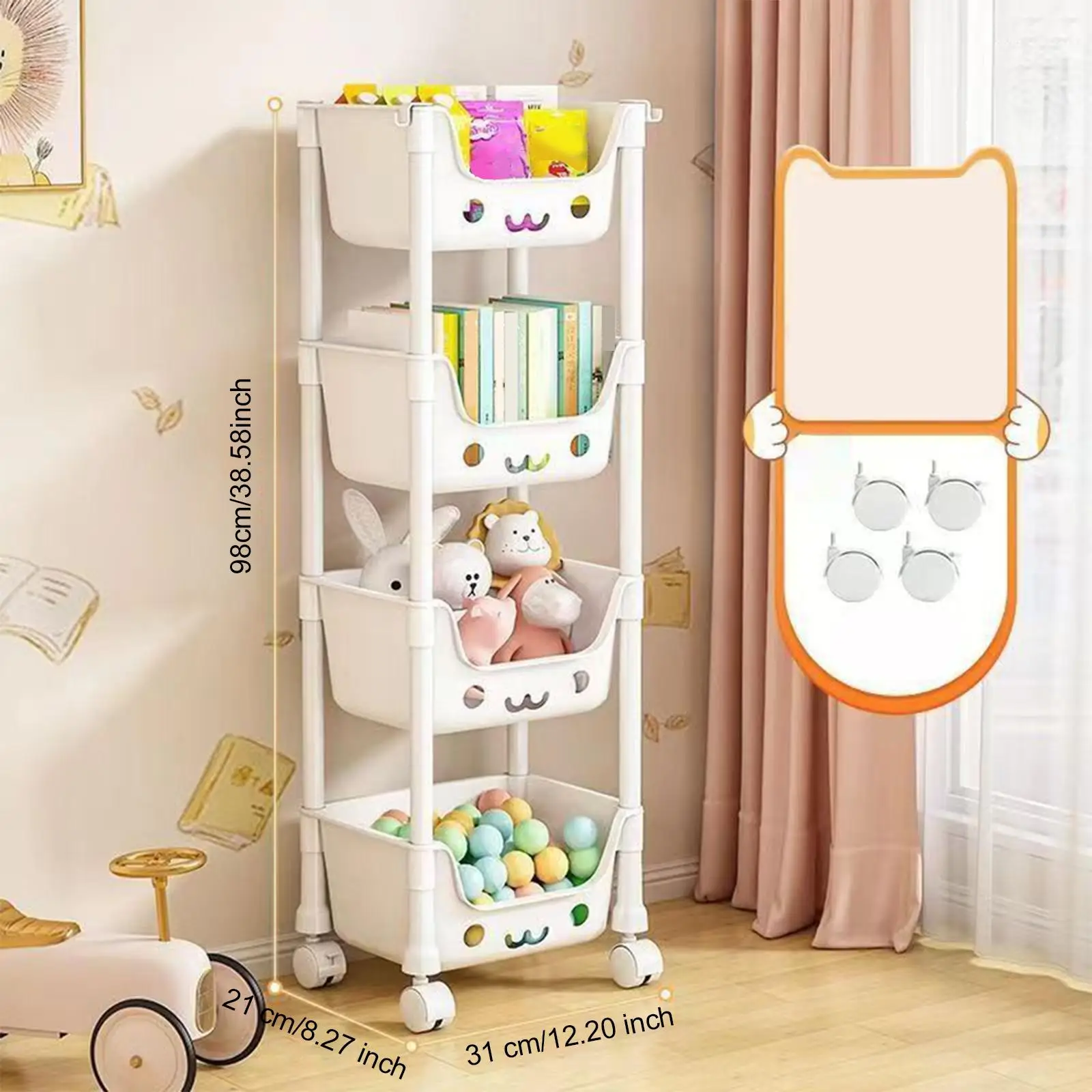 Mobile Rack Kids Toys Organizer 4 Tier 31x21x98cm for Home Organization