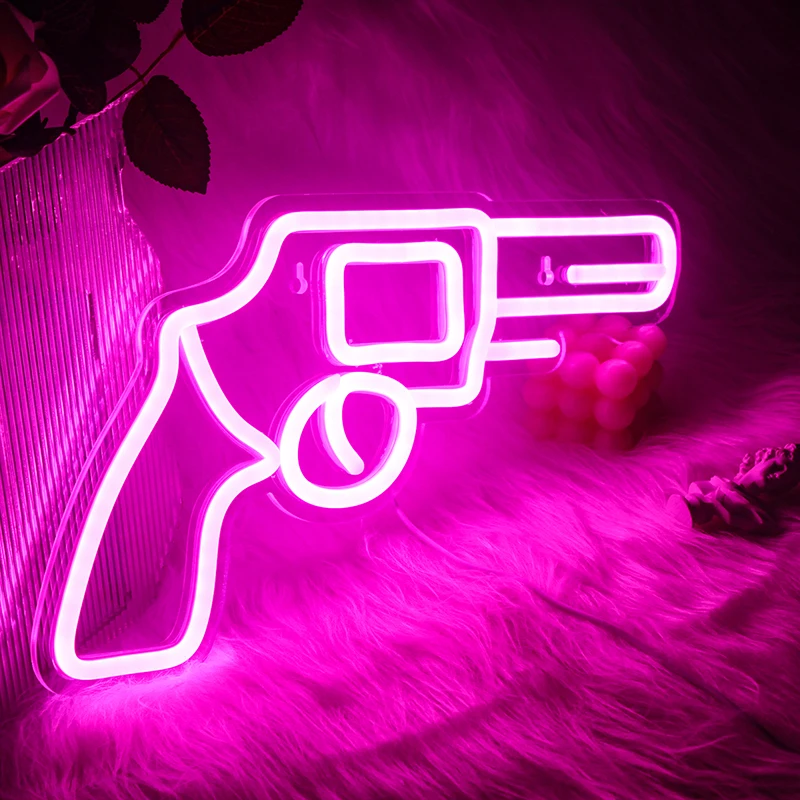 Imagem -03 - Revólver Neon Sign Luzes Led Pink Gun Pistol Design Wall Hanging Art Lâmpada para Quarto Home Bars Decoração do Quarto Gamer Usb