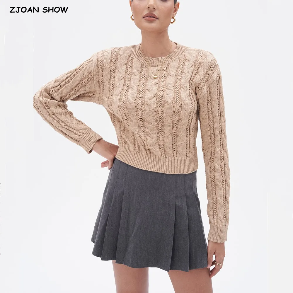 

2024 Autumn Winter Twist Line Knitted Hollow Out Pullovers Sweater Women O neck Full Sleeve Short Knitwear Base Jumper