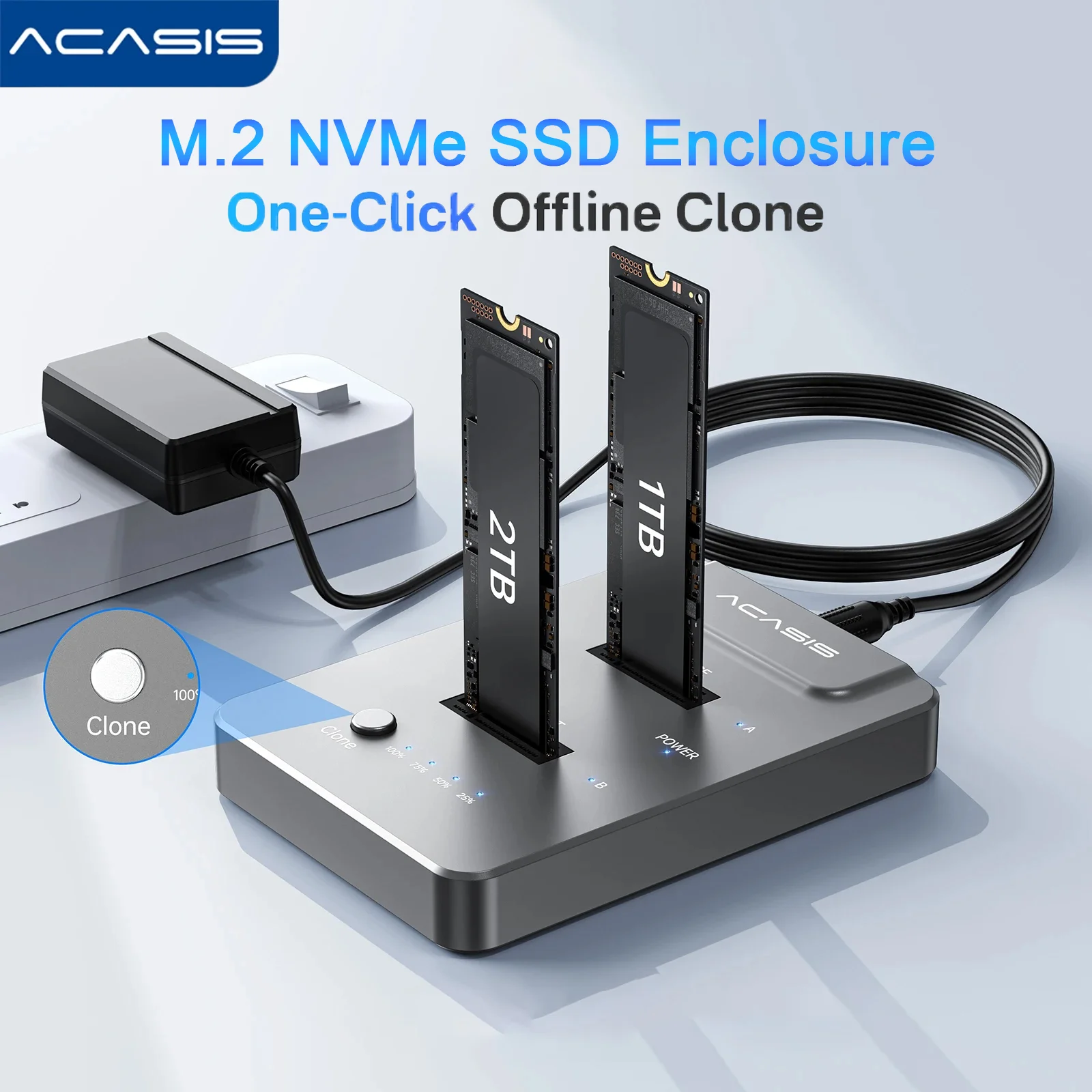 

Корпус жесткого диска Acasis M.2 NVMe Cloner Base M2 Dual Bay Type-C 3.1 Интерфейс Твердотельный мобильный жесткий диск Внешний чехол для ноутбука
