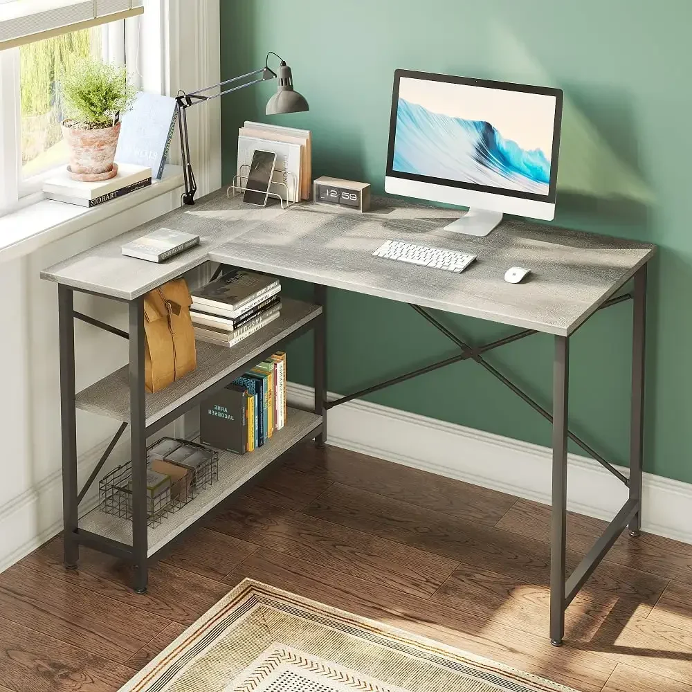 

47 inch Corner L-Shaped Desk with Storage Shelves Writing Desk Wash Grey