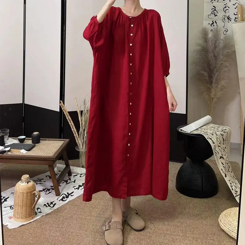 New Arrival 2024 Spring Autumn Women Half Sleeve O-neck Loose Dress Single-breasted Design Cotton Linen Casual Long Dresses