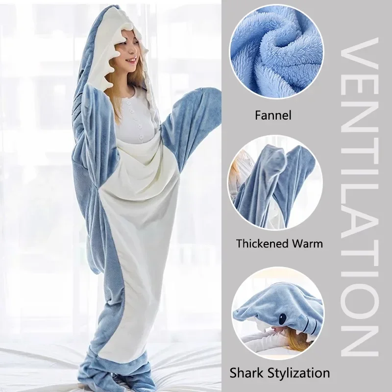 Thickened Warm Adult Rompers Cartoon Shark Sleeping Bag Animal One-Piece Pajamas Flannel Loungewear Kids One-Piece Sleepwear