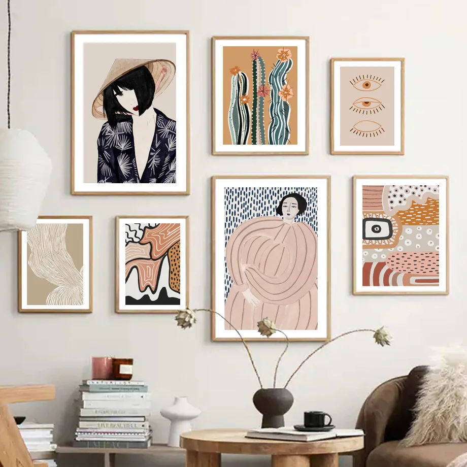 Fashion Girl Cactus Flower Eye Wall Art Canvas Painting Abstract Posters And Prints Hotel Bar for Living Room Office Wall Dec