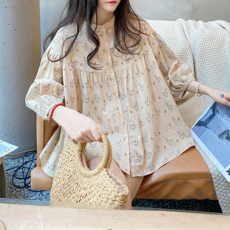 Fashion Loose Printed Button Folds Shirring Lantern Sleeve Shirt Female Clothing 2024 Summer New Casual Sweet Blouse