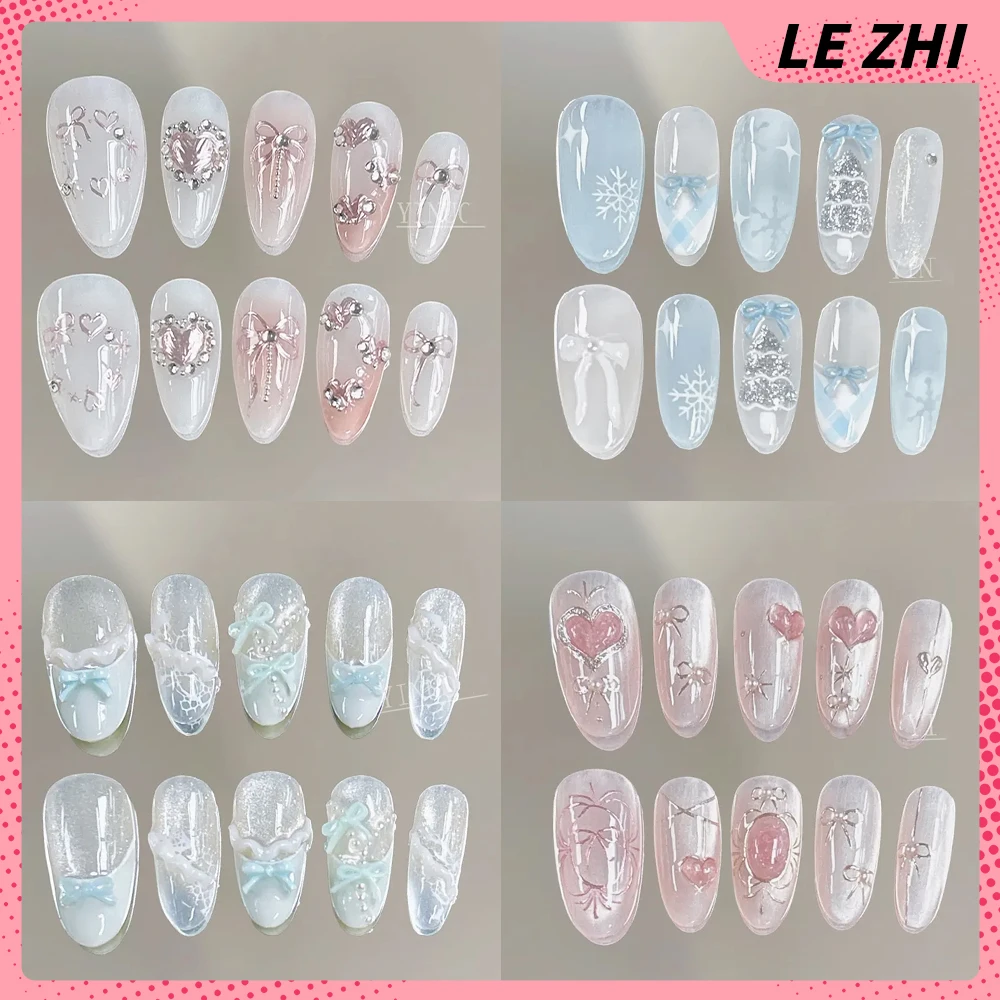 Gentle Elegant Candy Colors Long Coffin Ellipse Handmade Press On Nails Bowknot Pearl Diamond Cherry Snowflakes Fake Nails