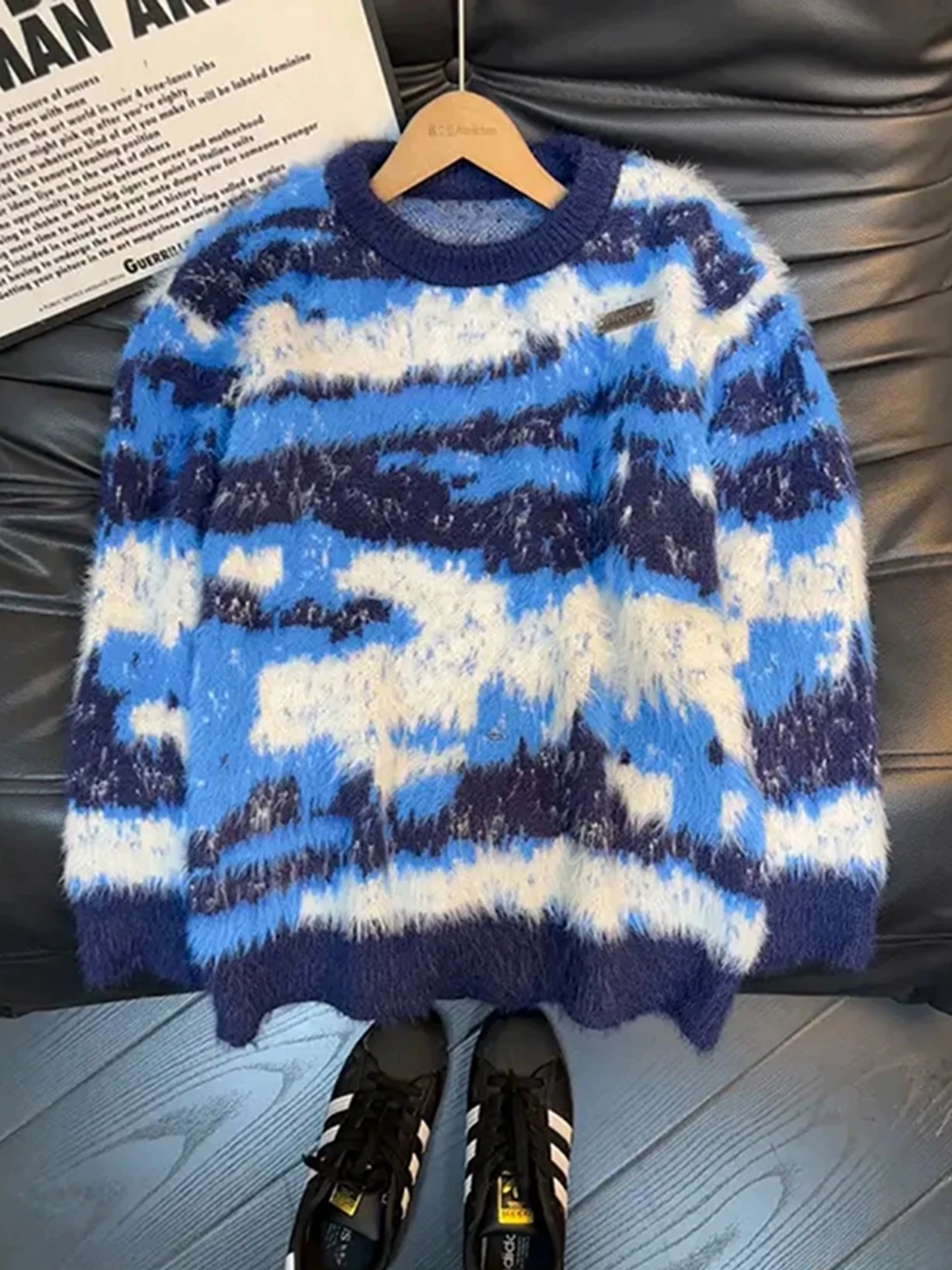 

Loose Fit Men's Blue Dyed Mohair Knitwear Winter Lazy Sle adient Color Inner Wear Knitted Sweater Mink Velvet Yarn irt