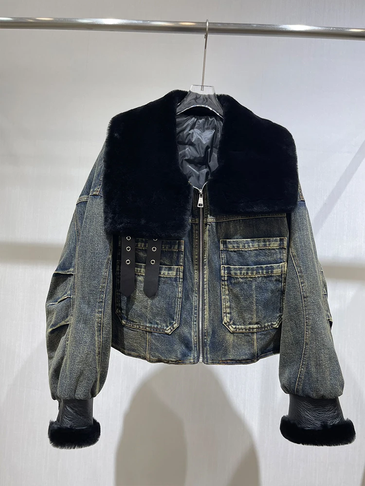 Winter Natrual Schafe Pelz Kragen frauen Warme Denim Mantel Gans Unten Jacke Luxus Dicke Outwear Weibliche Feder Mäntel