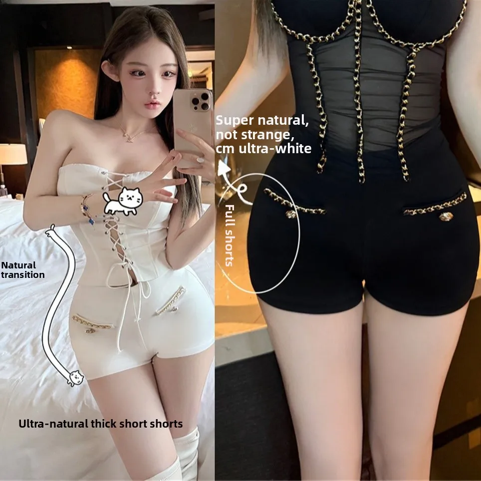 

Sexy Cheeky Butt Enhancing Ultra-ort orts with Hip Pad Chain Decoration Pure Color High Waist Cotton Stretch Denim Women'...