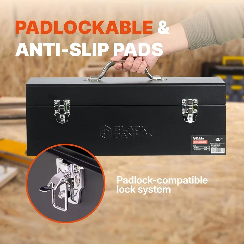20 Inch Steel Tool Box, Carbon Steel, Portable & Padlockable, Durable for Trailer, Mechanic, DIY-ers, Car Toolbox, Workshops