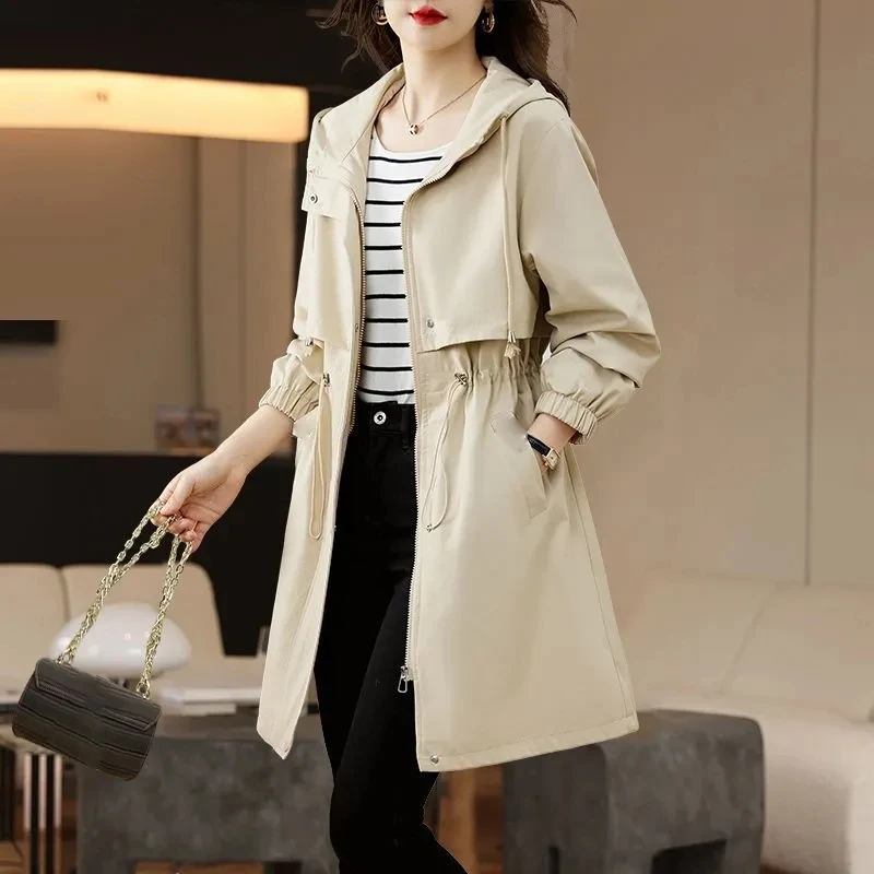 Spring Autumn Female Hooded Versatile Trench Coat Korean Lady Hooded Mid Length Version Outwear British Women  Windbreaker Tops