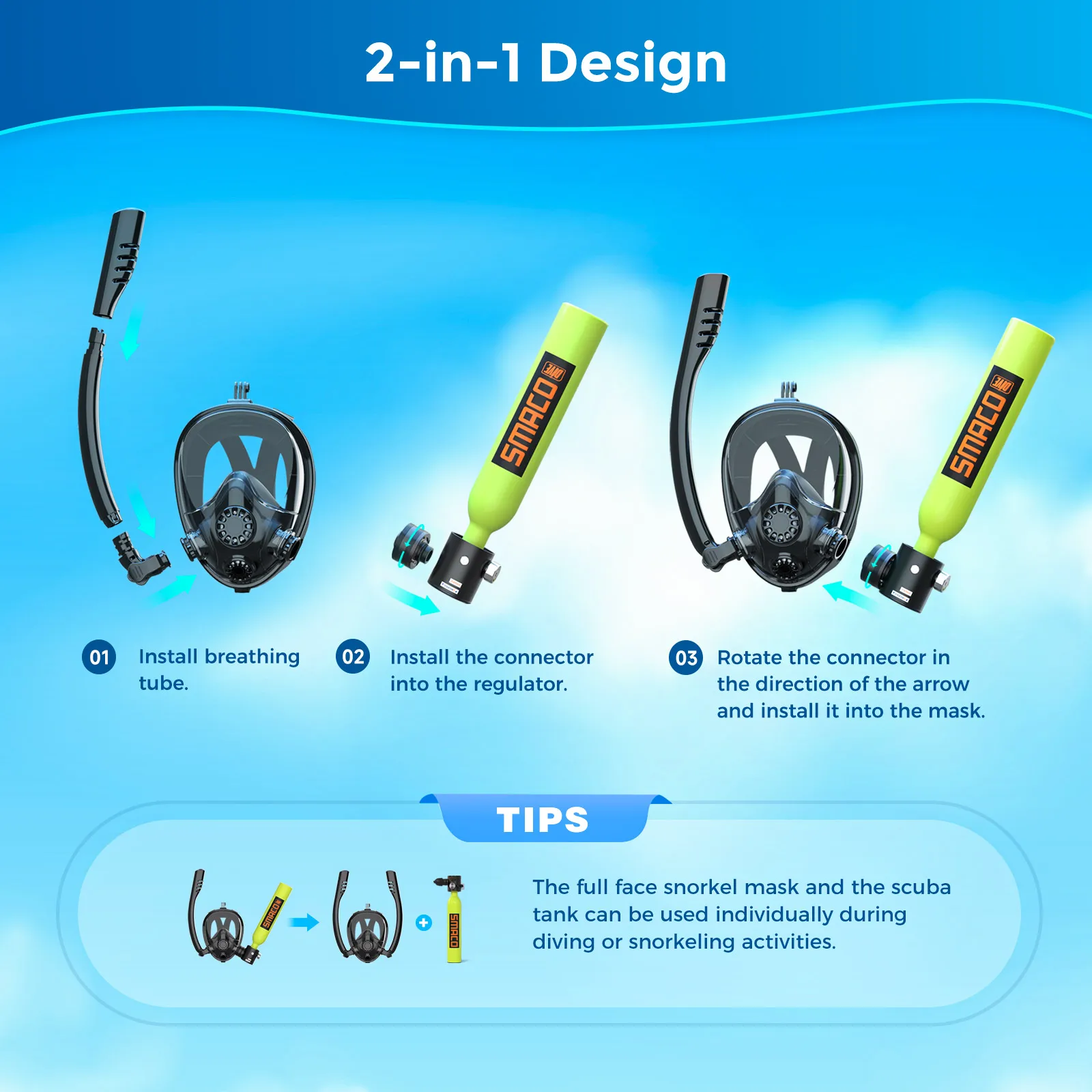 SMACO Mini Scuba Tank with Snorkel Mask 0.5L Portable Small Diving Tank with Full Face Diving Mask Reusable Pony Bottle Diving