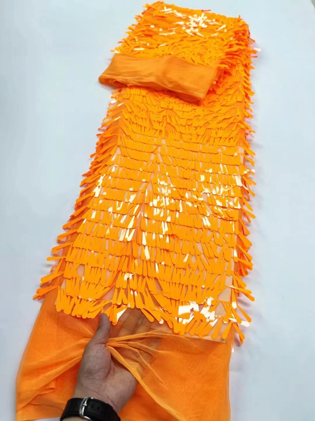 Classic New African Shinny Design French Material Orange Colour Sequin Lace Fabric  Embroidery for Wedding Party Dress