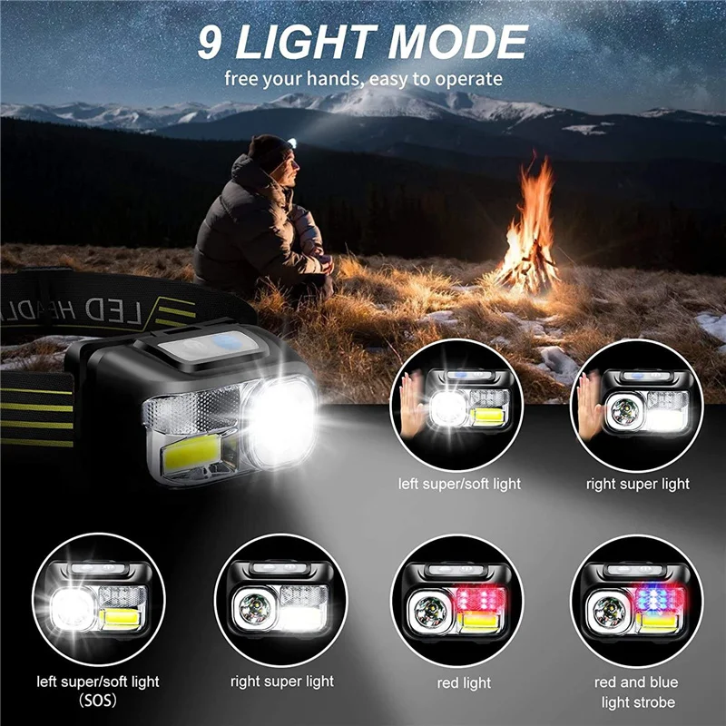 9 Light Modes Usb Rechargeable Led Headband Powerful Head Lamp Built-in Battery Outdoor Camping Headlight Head Flashlight Head