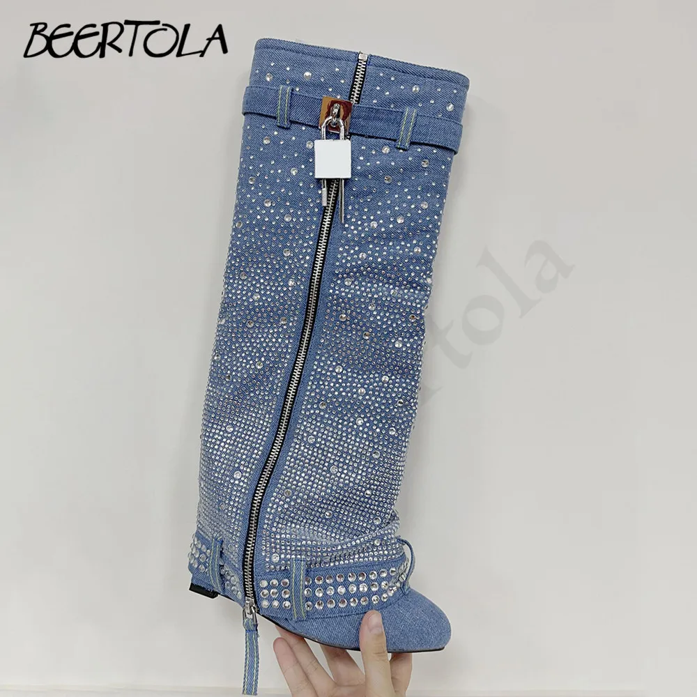 Women\'s Wedge Heel Full Diamond Cowboy Boots Rhinestone Round Toe Belt Buckle Zipper Boots Large Size Fashion Casual Boots