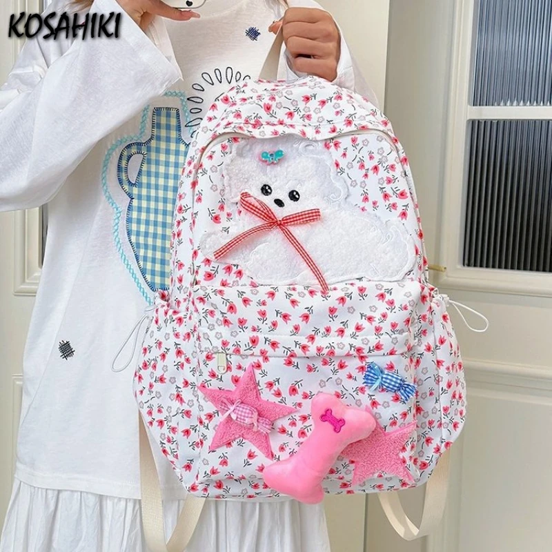 

Y2k Kawaii Flower Print Backpack Flocking Star Sweet Chic Backpacks Cartoon Dog Bow Women Students Ins Schoolbags High-capacity