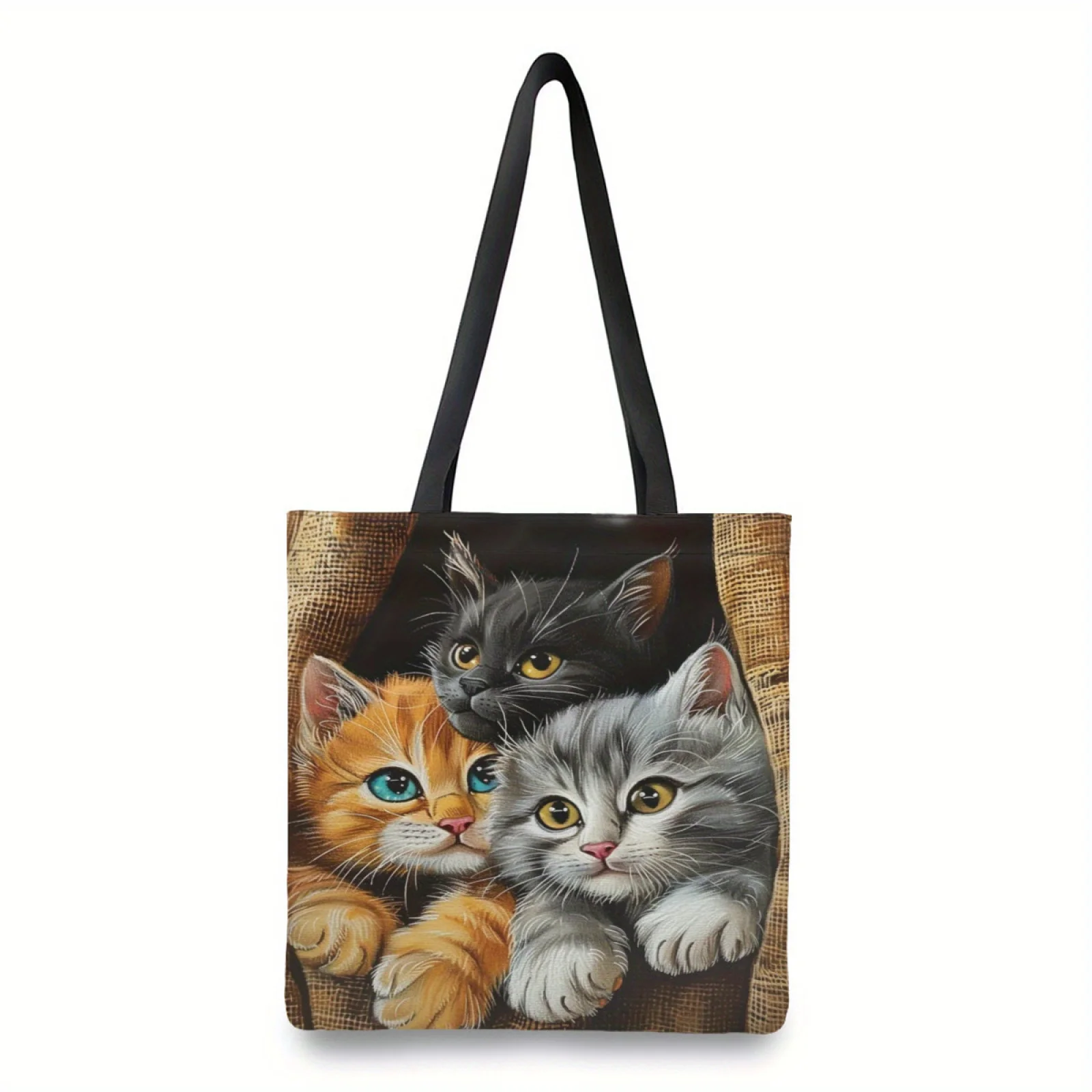 Large Tote Bag with Cartoon Cat Graphic -Reusable Foldable Polyester Shoulder Bag for Women,Grocery Shopping Travel Storage Bags
