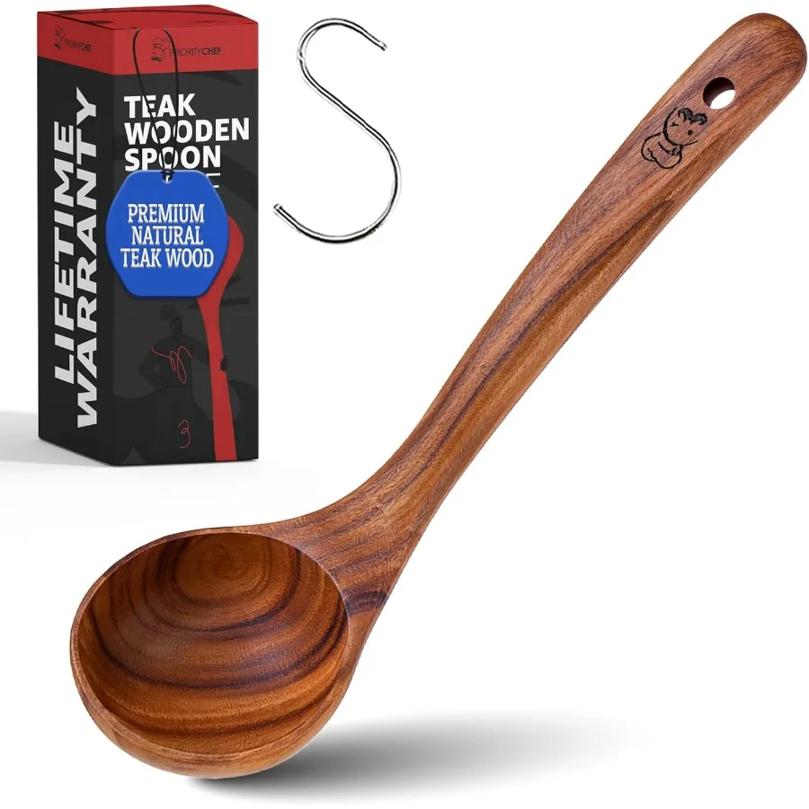 

Priority Chef Большой деревянный ковш Ложка для супа из тикового дерева с длинной ручкой для сервировки и перемешивания с антипригарным покрытием, безопасная и легко чистится.