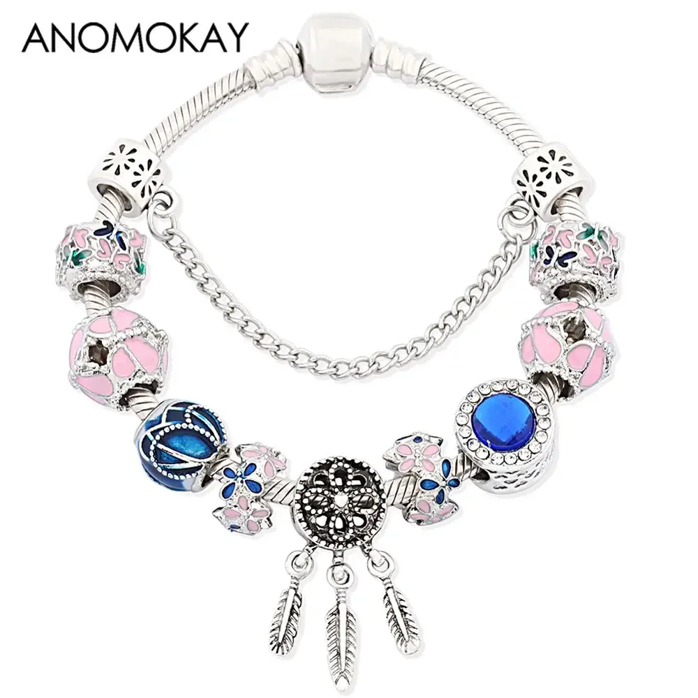 Colorful Bloom Flowers Charm Bracelet Gift Dream Catcher Pendant Jewelry Dark Blue Crystal Beaded Bracelets & Bangles