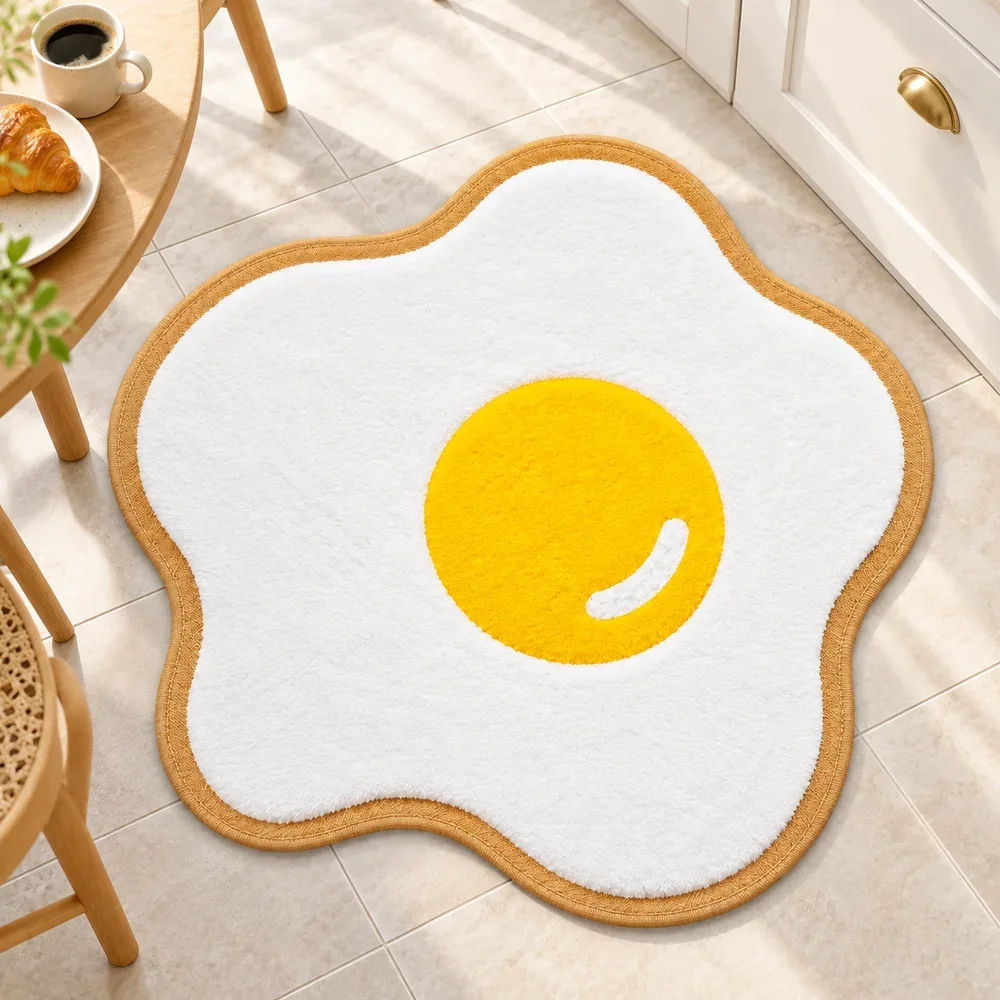 Fried Egg Shaped Flannel Floor Mat Food Novelty Rug for Kitchen Dining Room Entryway Bedroom Apartment Home Decor Gift Unique
