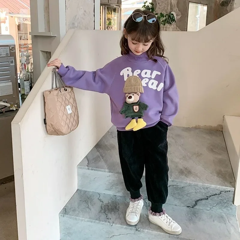 

Girls' 2025 New Arrival Autumn/Winter Stylish Fleece-Lined Thickened Crewneck Pullover Sweatshirt for Little Girls