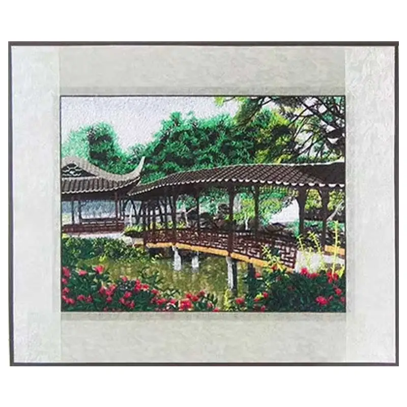 Embroidery finished / Suzhou Classical Embroidery / Forest green silk decorative painting / Cross Stitch finished Suzhou Garden