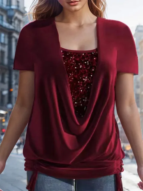 Cekinowa bluzka damska Luksusowe topy z krótkim rękawem w jednolitym kolorze O Neck Lady Elegancka letnia odzież imprezowa 3XL