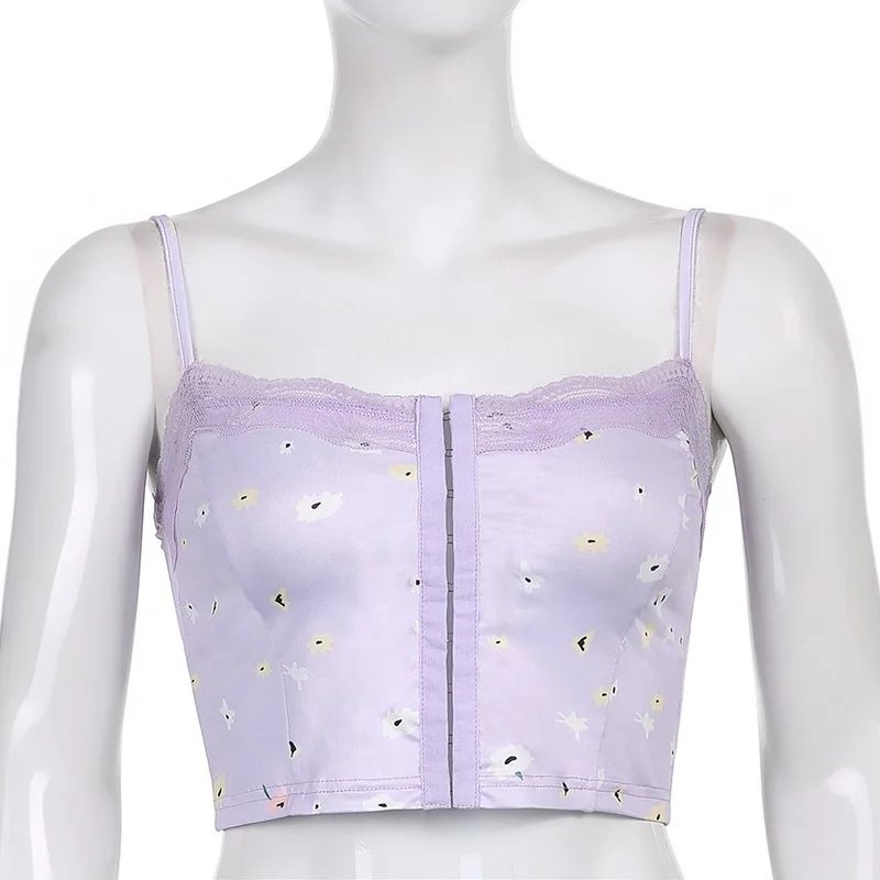 2024 Women Purple Sweet Floral Printed Y2k Camis Top Tee Cute Patchwork Corset Breasted Lace Beach Party Harajuku Outfits Summer