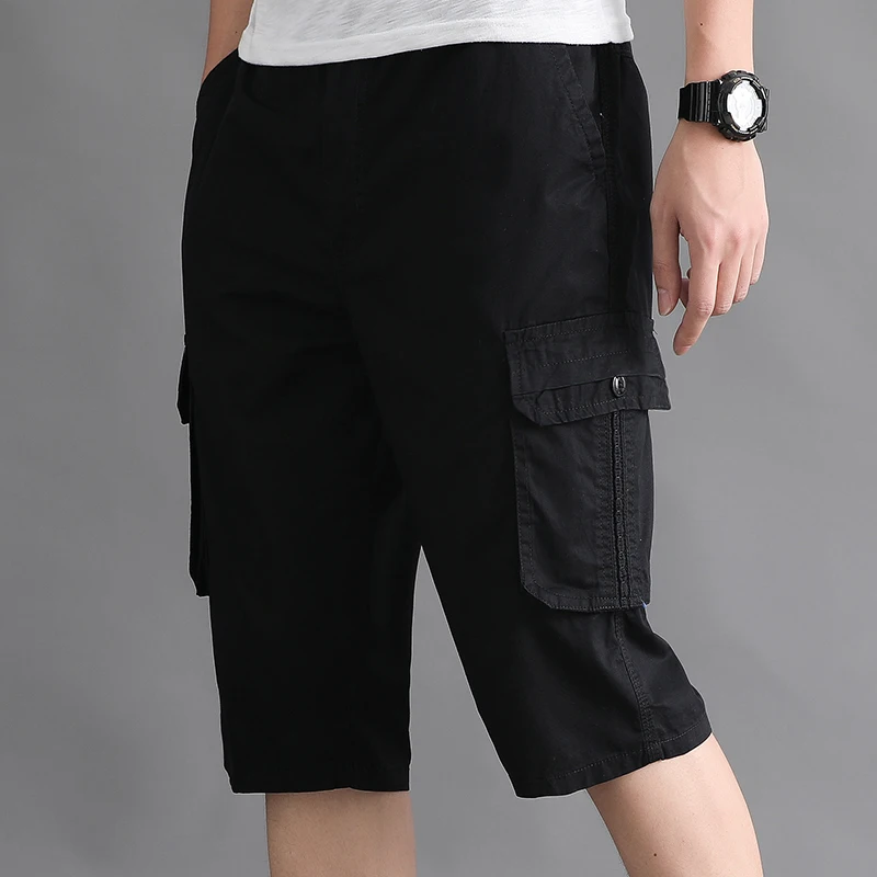 Mens Streetwear Casual Shorts Fashion Loose Straight Cargo Shorts Below Knee Cotton Joggers Shorts Man Cropped Pants