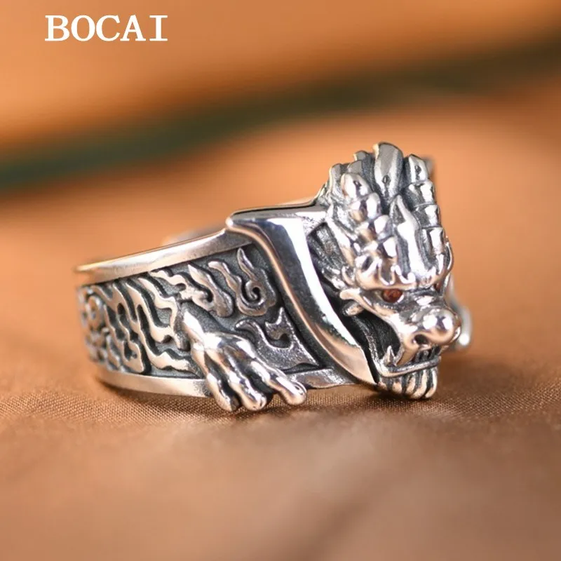 BOCAI New S925 Silver Retro Personalized Ruyi Flame Pattern Three Dimensional Dragon Open Ring Men's Gift