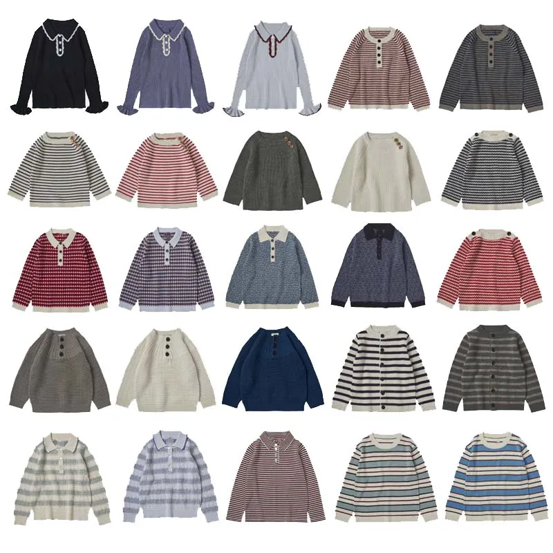 

Pre-sale(Ship in September) 2024 FUB Autumn Kids Clothes Girls Sweater Boy Striped Cardigan Shoulder Button Three Button Sweater