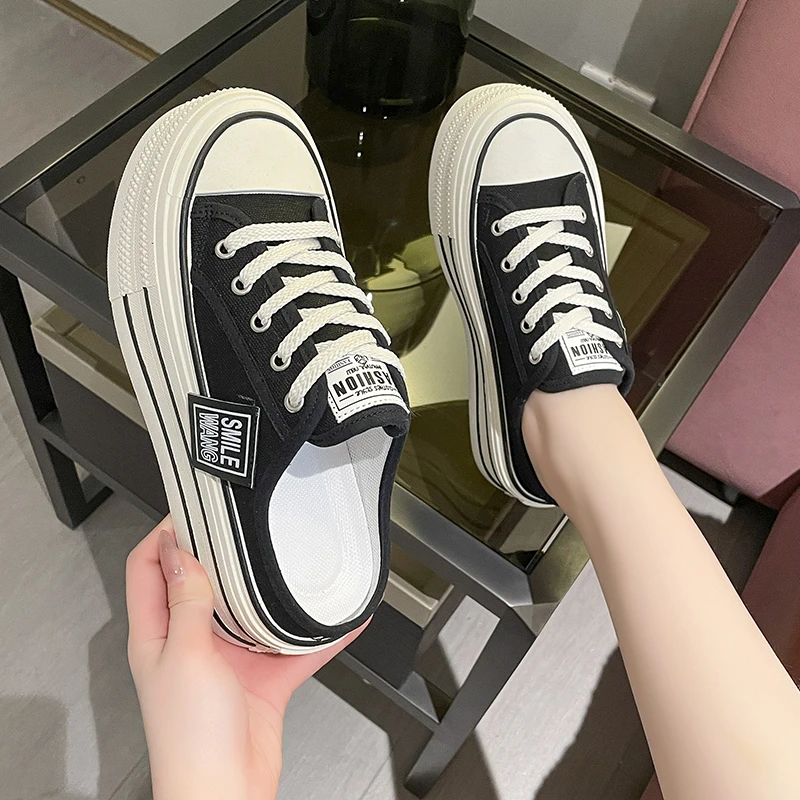 Canvas Platform Wedge Ladies Thick Slippers Lace Up Chunky Sneaker Casual Comfy High Brand Breathable Summer Heightening Shoes