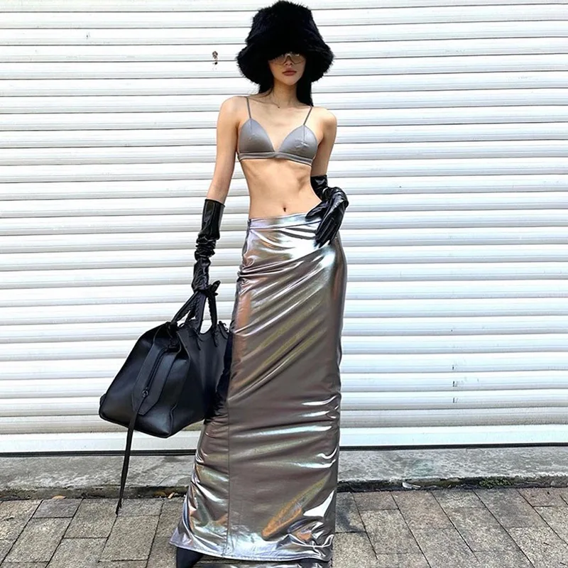 Y2K Lady Metallic Silver PU Leather Long Skirts Low Elastic Waist Maxi Skirts Summer Party Women Sexy Metallic Color Slim Skirts