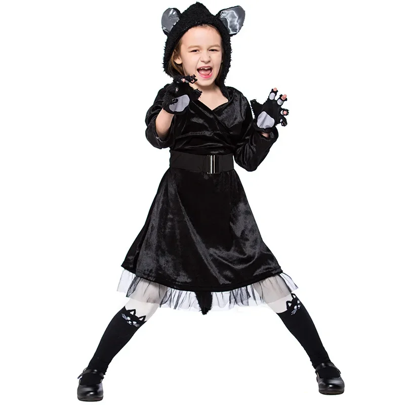 Umorden Cat Noir Kitty Costume for Girls Kids Children Hooded Dress With Gloves Halloween Purim Fancy Dress