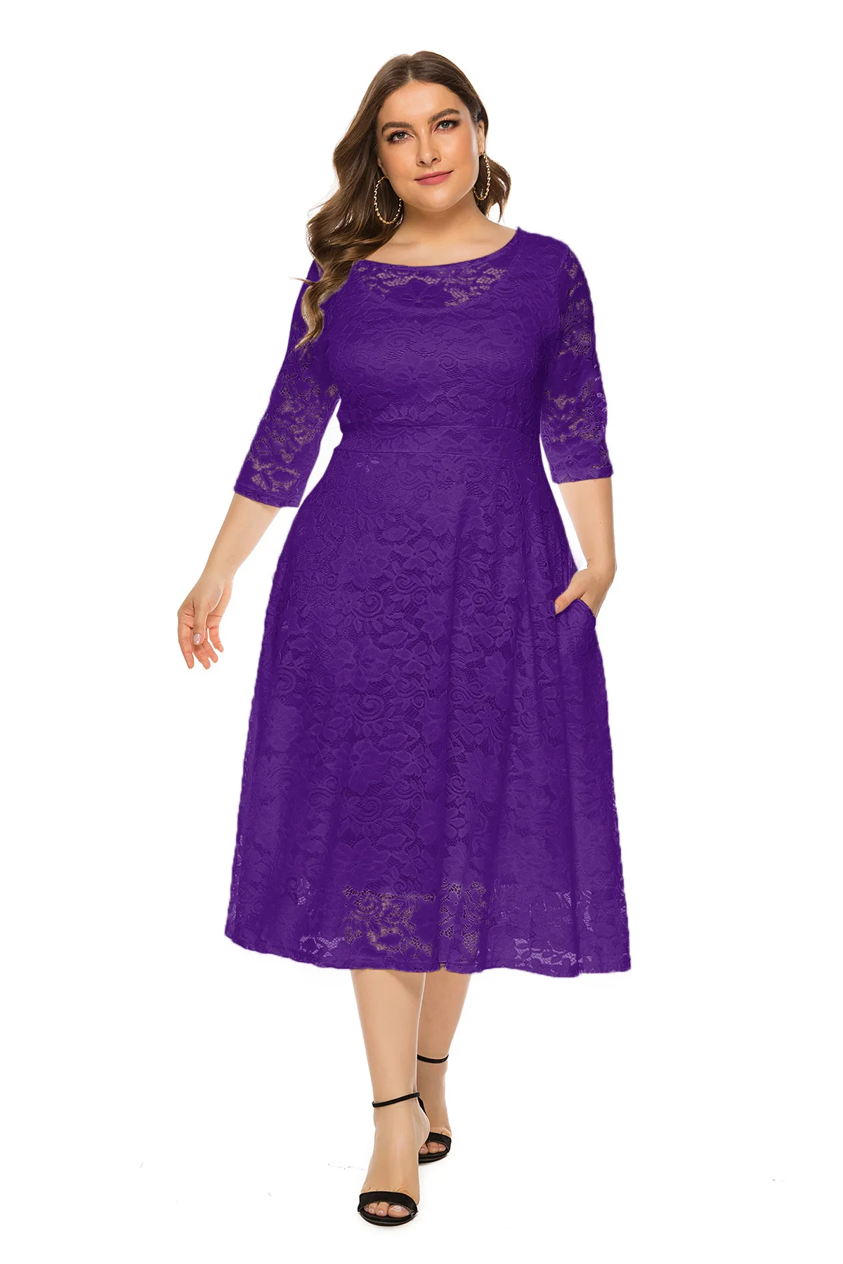 Plus Size Women\'s Dresses Autumn New Arrivals Lace Round Neck Three-quarter Sleeve Dress Fashion Casual Commuter Plus Size Dress